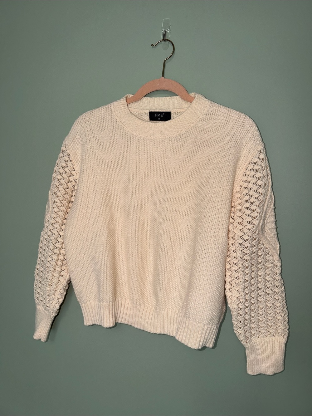 FME Cream Crochet Sleeve Knit Sweater Size M Long Sleeve Crewneck